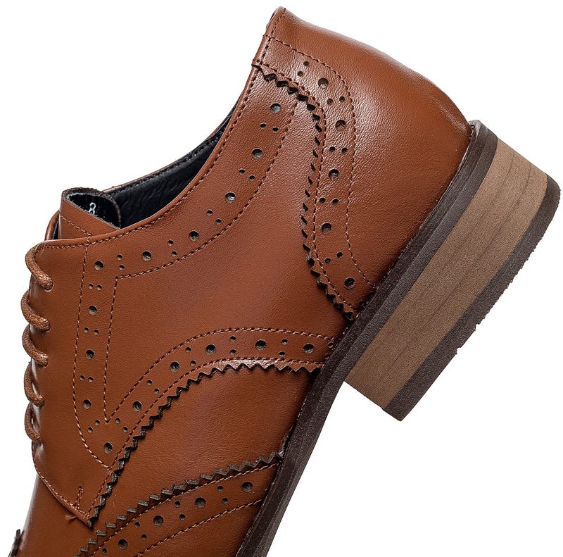 U-lite Women's Brown Perforated Lace-up Wingtip Leather Flat Oxfords Vintage Oxford Shoe BR 7 - Image 5